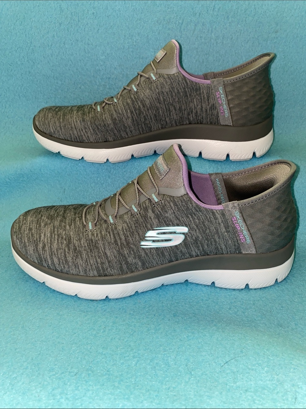 SKECHERS Slip-Ins Athletic Sneakers hands free gray purple lining NEW size 9